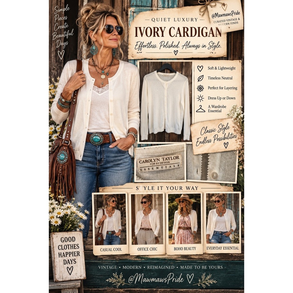 Carolyn Taylor Essentials Ivory Cardigan Sweater Scalloped Trim Small S/P